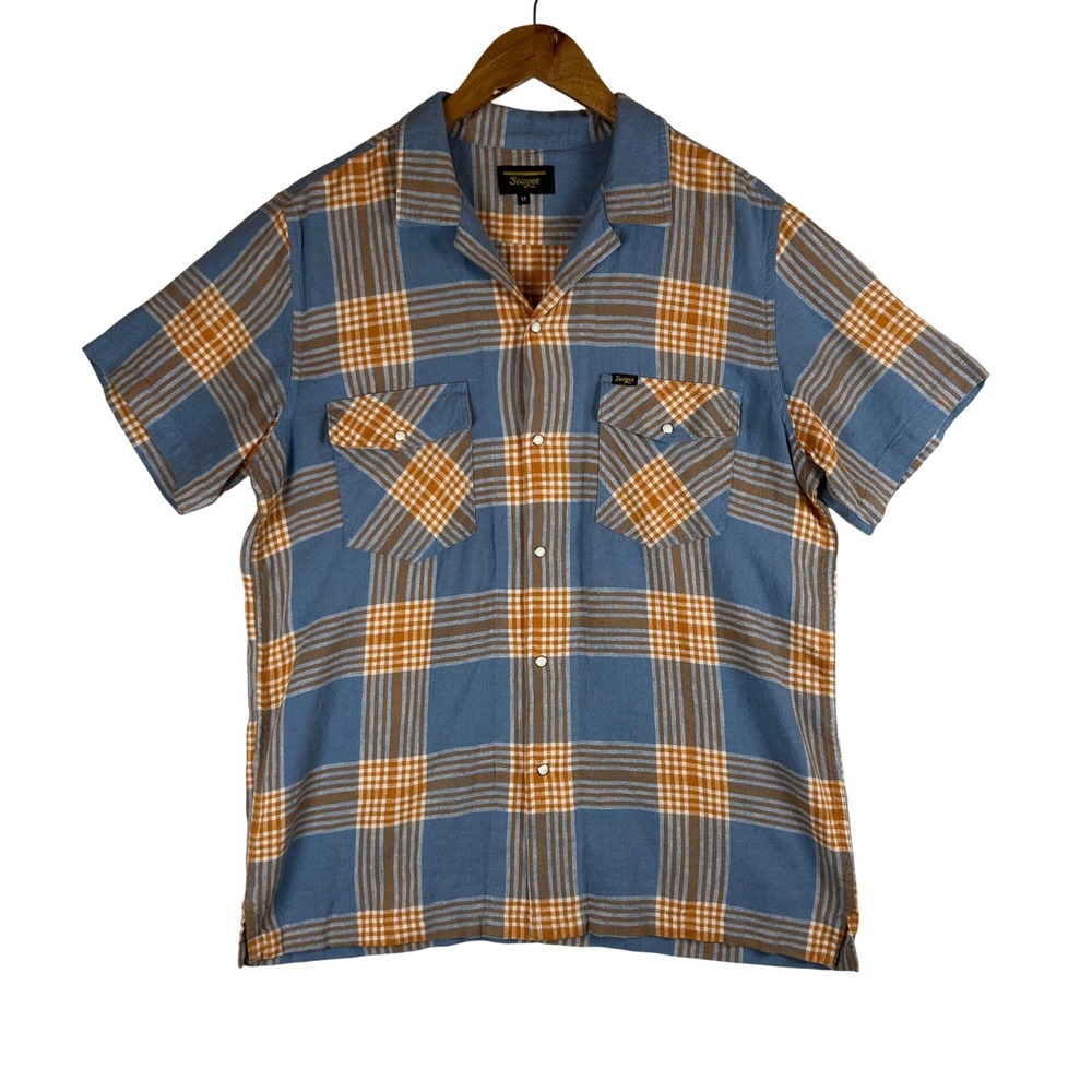 Seager Mens Blue Orange Plaid Linen Blend Short Sleeve Snap Western Shirt M
